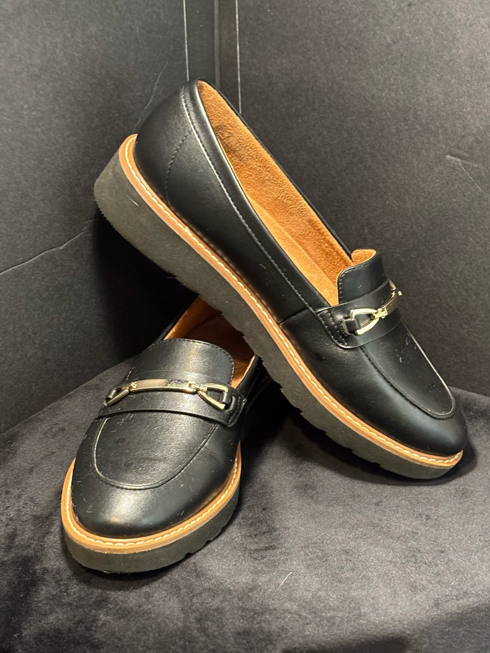 Naturalizer Black Leather Loafers with Gold Bit Detail